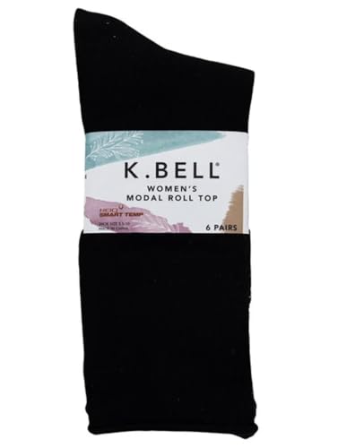 K. Bell Women's Modal Roll Top Socks, 6 Pairs, Black, Fits Shoe Sizes 5.5-10