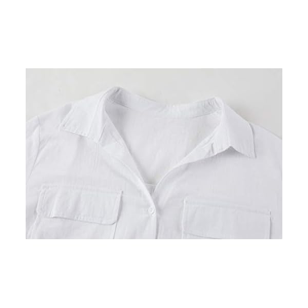 Runcati Womens Button Down Shirt Cotton Linen Long Sleeve V Neck Dress Shirts Casual Loose Roll Up Work Blouse Tops with Pockets White