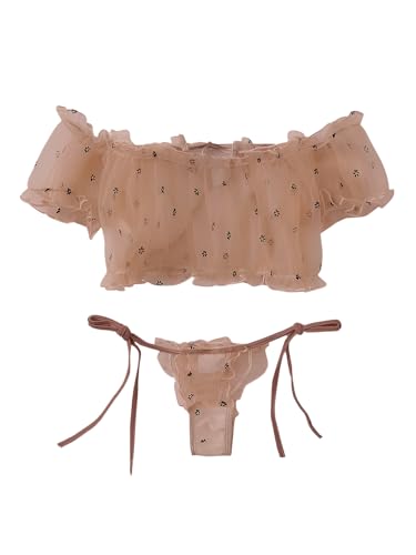 Image of Lilosy Sexy Stretch Ruffle Tie Sheer Mesh Lingerie Set Outfits 2 Piece Women Kawaii Cute See Through Matching Bra Panty Underwear Prints Beige Small