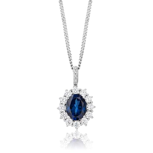MIORE Collier Femme, Argent 925, Collier Fleur, Chaine Argent avec Pendentif Pierre Saphir entourée de Diamants naturels, Chaîne Gourmette 45 cm, Bijoux...