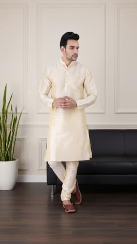 Image of SadreeMen's Silk Blend|Classic|Occassion|Ethinic|Full Sleeve|Mandirn Collor|Knee Length|Solid Colour|Light Weight|Comfort|Regular Fit Kurta Pyjama Set