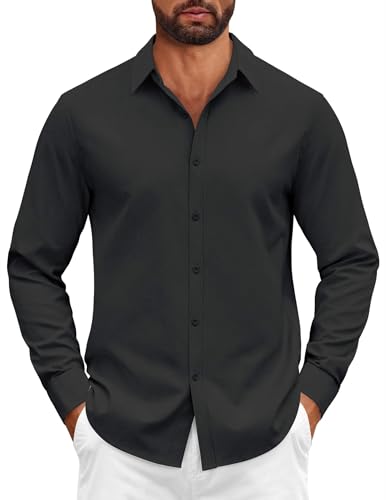 COOFANDY Camisa de Manga Larga de Algodón Elástico para Hombre Negro XL