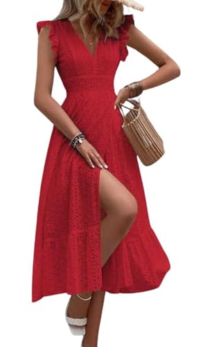 Image of chouyatou Women's Summer Flutter Sleeve Embroidery Eyelet Lace Dress V-Neck A-Line Beach Sun Dress