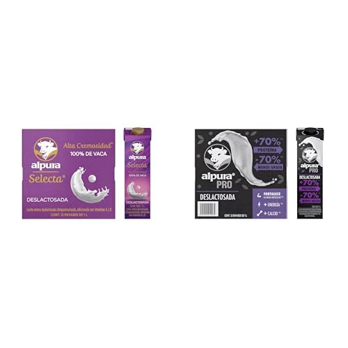 Alpura Selecta Leche Entera Deslactosada 100% de Vaca, Ultrapasteurizada en paquete de 12 Piezas + Alpura Pro con extra proteína Deslactosada...