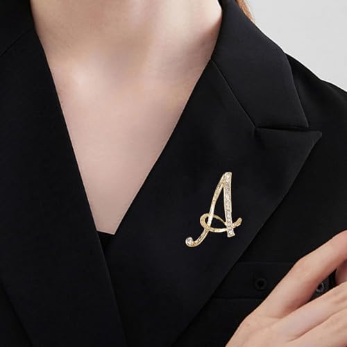 Image of Rhinestone Initial Brooch Pin for Women, Alphabet Gold Letter Brooch A-Z with Crystal, Metal Pin for Hat Bag Dress Suit Accessory for Men