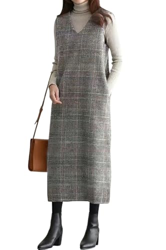 chouyatou Women's Fall Winter Plaid Wool Overall Dress Casual Business Sleeveless Midi Tank Vest Dress