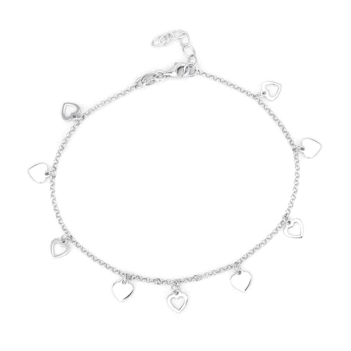 Sterling Silver Jewelry - Rhodium Plated 925 Stamp - Dangling Open and Close Heart Charm Anklet - Foot Jewelry Stylish Beautifully Designed - 9