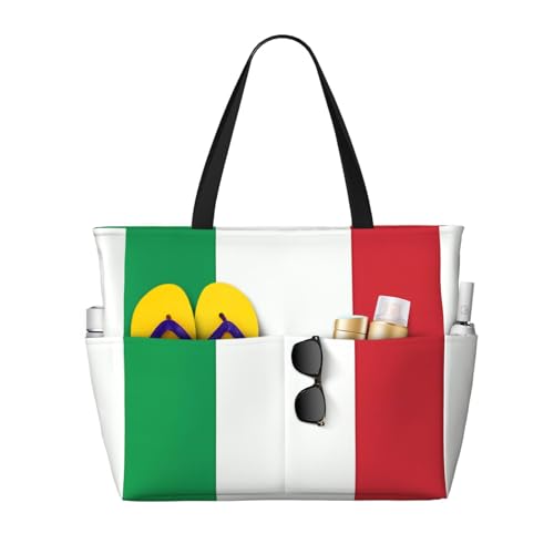 italy flag Large capacity beach bag with zipper, perfect for grocery bag pool gym travel shopping foldable beach travel bag,