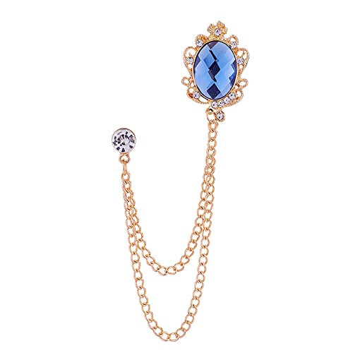 Image of Vintage Gemstone Chain Brooch Pin,Rhinestone Long Chain Tassel Suit Pin Zircon Oval Gem Lapel Pin Jewelry for Women Men