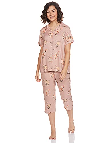 Image of Longies Women's Rayon Pyjama Night Suit Regular Capri Set (LCHSV001 Cream008 L)