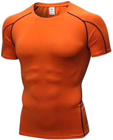 LEICHR Orange Short Sleeve Compression Shirt Men Quick Dry Basketball Tops Athletic Workout Sports T-Shirt