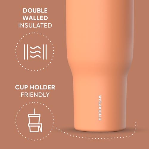 Image of Hydrapeak Voyager 40 Oz Stainless Steel Tumbler with Handle, Insulated Water Bottle With Straw & Lid, Cupholder Friendly Reusable Travel Mug (Apricot Crush)
