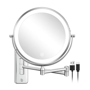 DECLUTTR Rechargeable Wall Mounted Makeup Mirror, 8 Inch 1X/10X Magnifying Mirror with 3 Color Lights, Dimmable LED Lighted Makeup Mirror with Double Sided, Chrome