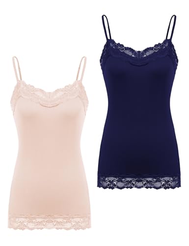 Image of Kate Kasin Women's Adjustable Spaghetti Strap Lace Trim Cami Tunic Tank Top 2PACK