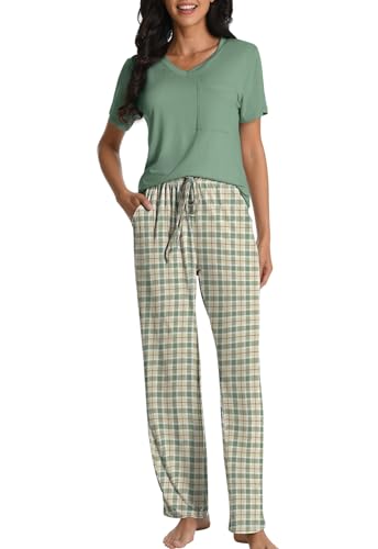 COSSEN Women’s Pajama Set 2 Piece Super Soft Sleepwear Short Sleeve Top and Pants with Pockets Long Sleeve PJ Sets2