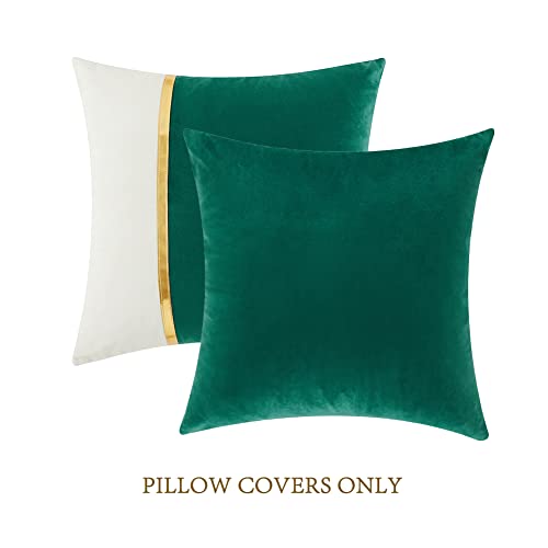 Image of Fancy Homi 2 Packs Christmas Green Throw Pillow Covers 18x18 Inch for Living Room Couch Bed, Green and White Velvet Patchwork with Gold Leather, Christmas Home Decor Square Cushion Case 45x45 cm