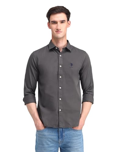 Image of U.S. Polo ASSN. Solid Slim Fit Shirts for Men - 100% Cotton, Full Sleeve Mens Casual Shirts