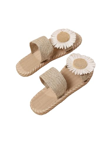 OYOANGLE Girl's Floral Double Strap Linen Slide Sandals Open Toe Beach Vacation Straw Sandal