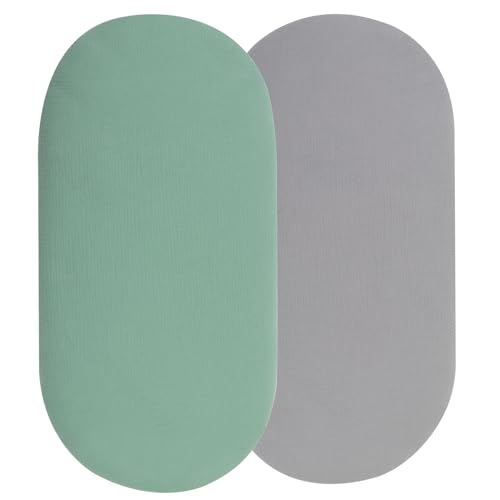 Image of Onacosht Muslin Bassinet Sheets Compatible with Dream On Me Karley (Plus Portable) Bassinet, Chicco LullaGo Portable and ANGELBLISS 3 in 1 Rocking, 100% Cotton, 2 Pack, Grey and Green