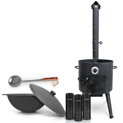 Utschak F2024-5 - Hornillo de hierro fundido con tubo de extensión, base redonda con tapa (12 L), KazanoFF, Учаг, kazan exterior, brasero, camping, kazan, cañón de goulash (set F2024-5)