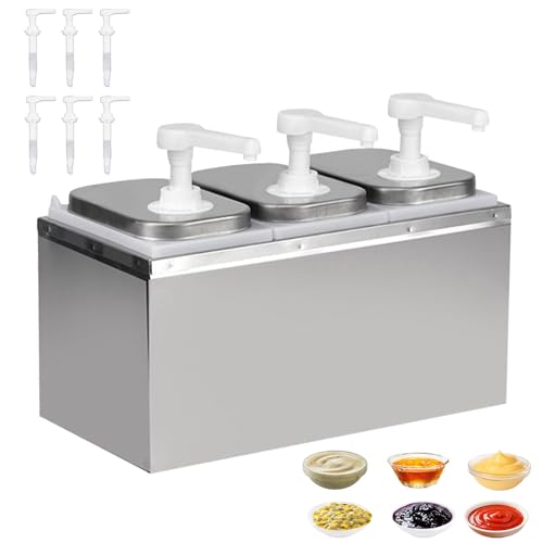 6L Saucenspender Pumpstation inkl. 6 Pumpköpfen Ketchup Spender 304 Edelstahl Lebensmittelecht & Tropffrei Spülmaschinenfest ideal für Ketchup Mayonnaise Senf Honig 3×2L Gastro Soßenspender