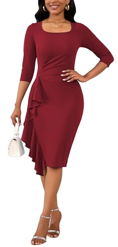 Image of Womens 1950s Vintage Bodycon Dress 3 /4 Sleeve Square Neck Cocktail Pencil Sheath Midi Dress Elegant