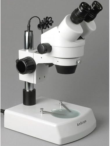 Image of AmScope SM-2B Professional Binocular Stereo Zoom Microscope, WH10x Eyepieces, 7X-45X Magnification, 0.7X-4.5X Zoom Objective, Upper and Lower Halogen Lighting, Pillar Stand, 110V-120V