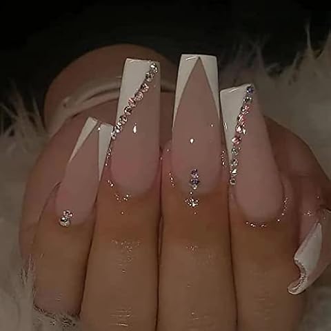 24 PCS White Long False Nails,Glossy French Tip Press on Nails Ballerina Fake Nails Full Cover Coffin Nails with Rhinestones Design for Women and Daily Decoration Cover