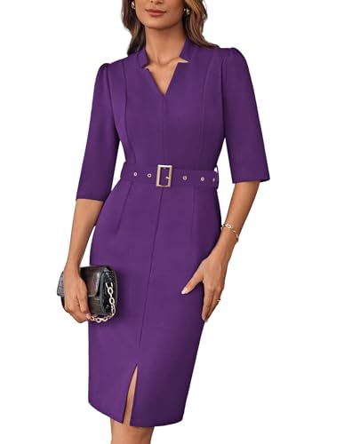 GRACE KARIN Frauen Sommer Midi Abendkleider Fashion Rockabilly V-Ausschnitt Business Cocktailkleid mit Gürtel Lila M