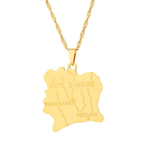 UBBVPKY Collier Avec Pendentif Carte Brillante De La Côte D'Ivoire Bijou Ethnique Souvenir De Voyage Unisexe Chaîne De Pull Pendentif Géométrique Rétro Pour Femme