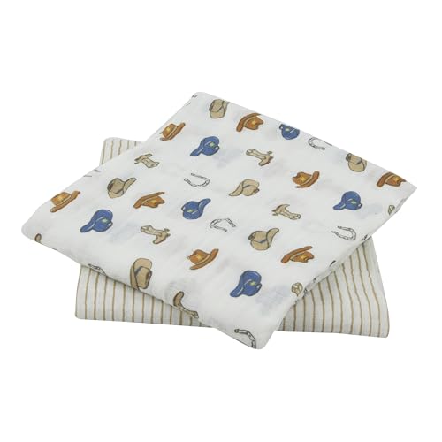 Image of Chick Pea Muslin Baby Blanket for Boy Large 36x40 2pack Cowboy Hat Striped