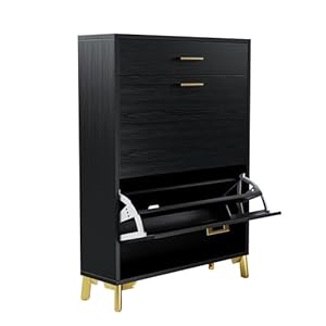 Shoe Cabinet with 2 Flip Drawers Shoe Organizer Barn Door Design Freestanding Shoe Cabinet Organizer for Entryway Foyer Hallway Black