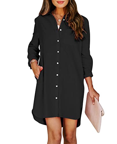 Womens Button Down Shirt Dresses with Pockets Cotton Button Up Tunics Long Sleeve Solid High Low Blouse Tops