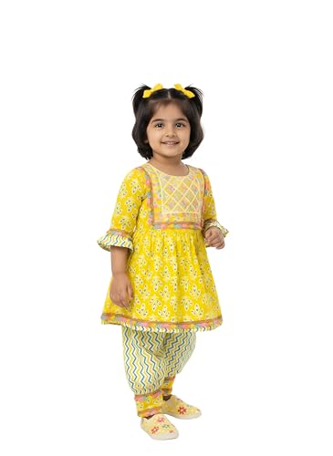 Image of Baby Girls Yellow Ethnic Clothing Set, Mirror Work Embroidered Frock with Zigzag Print Pants, Comfortable Cotton Outfit for Kids