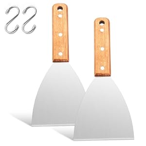 Grillspachtel, Joyfair 2 Stück Plancha Spachtel Küchenspachtel Set, Grill Spachtel Edelstahl mit Holzgriff, Pizzaspatel für BBQ/Küche/Kochen/Reinigen, Schräger Rand & & 2 Haken