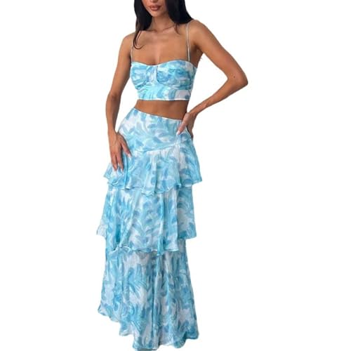 Mandonce Two Piece Skirt Set for Women Fresh Floral Design Womens Camisole Irregular Midi Skirt Summer Suit for Women