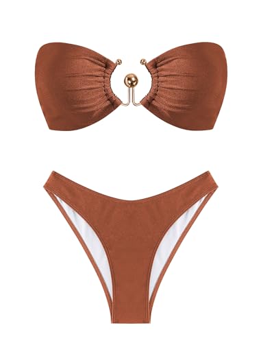 ZAFUL Womens Bandeau Bikini Set Metallic Sparkly O Ring Lace Up Tie Side High Cut Tanga Sexy Bathing Suit Swimwear
