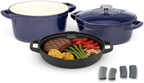 NATIVO 5 pc Stackable Cast Iron Cookware Set, Versatile Enamel Dutch Oven, Seasoned Grill Pan & Enamel Braiser with Precision Pour Spouts, Universal Lid, Included Spacers/Handle Holders, Midnight Blue - Thumbnail 2