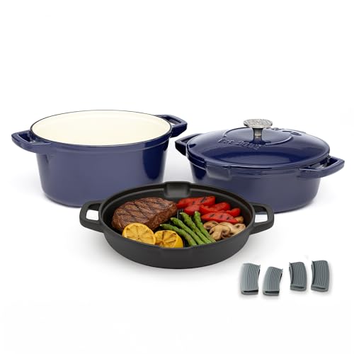 NATIVO 5-teiliges stapelbares Gusseisen-Kochgeschirr-Set, vielseitiger Emaille-Dutch Oven, abgelassene Grillpfanne & Emaille-Schmorpfanne mit Präzisions-Ausgießern, Universal-Deckel, inklusive