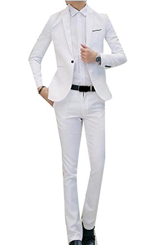 LianXiYou Men Peak Lapel Collar Long Sleeves Slim Fit One Button Flap Pockets Business Suit White 2XL