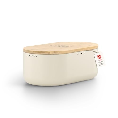 LARS NYSØM Brotkasten I Brotbox aus Metall für langanhaltende Frische I Brotdose mit hochwertigem Bambusdeckel verwendbar als Schneidebrett I 36x19x13cm (Almond Beige)