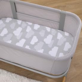 Image of Skip Hop Cozy-Up 2-in-1 Bedside Sleeper Grey and White Clouds 100% Cotton Fitted Bassinet Sheet