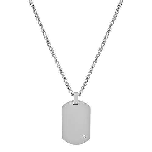 Geoffrey Beene Men's Stainless Steel Engraveable Dog Tag Pendant Necklace with Cubic Zirconia Stone (Silver)