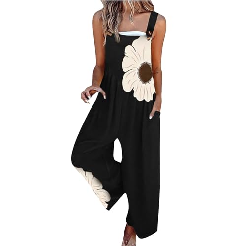 Chanpning Combinaison Ete Femme Fluide Salopette Boheme Motif à Fleurs Salopettes Sans Manches Ample Décontractée Combinaison à Jambes Larges Loose...