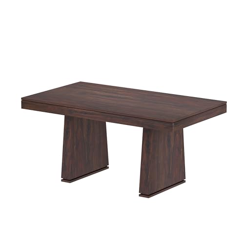 Image of Solid Wood 6 Seater Dining Table | Sheesham Wood Six Seater Dining Table with Cushion Chairs | Wooden Furniture Dinner Table with 6 Chairs | Walnut Finish with Cream Upholstery