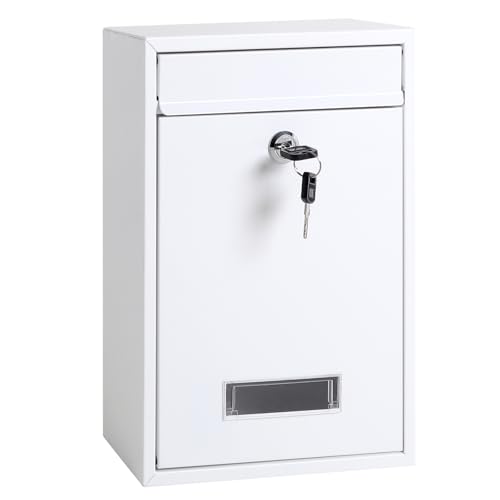 Image of Locking Mailboxes Wall Mounted Vertical - Jssmst Key Lock Mail Box Medium Capacity Galvanized Steel Cover Rust-Proof Metal Post Box, 12.6 x 8.5 x 3.4 Inch, White, SM-0604L