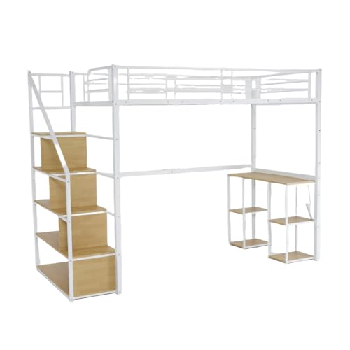 STPZHXC システムベット ロフトベッド シングル コンセント付き 収納付き デスク付き 棚付き 北欧風 スチール 省スペース 耐震 収納棚 金属 はしご付き (ホワイト)