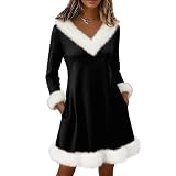 SCBFDI Weihnachtskleid Damen V-Ausschnitt Plüsch Party Kleid Weihnachtsmode