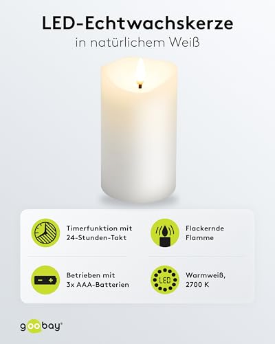 goobay LED Kerzen Echtwachskerze Weiß 7,5x12,5 cm Mit Timerfunktion 3D-Docht Batteriebetrieben Warmweiß, Teelicht für Stilvolle Deko, Sicher Und Elegante Beleuchtung 77775