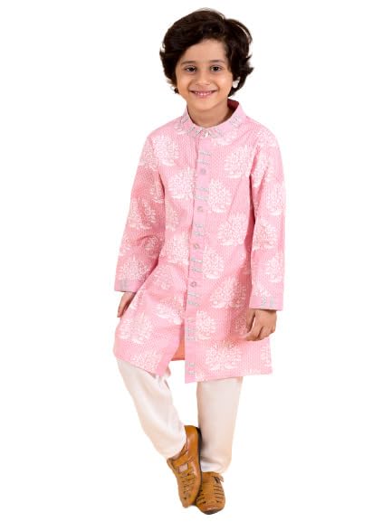 Pspeaches Boys Pink Floral Embroidered Pure Cotton Kurta With Churidar